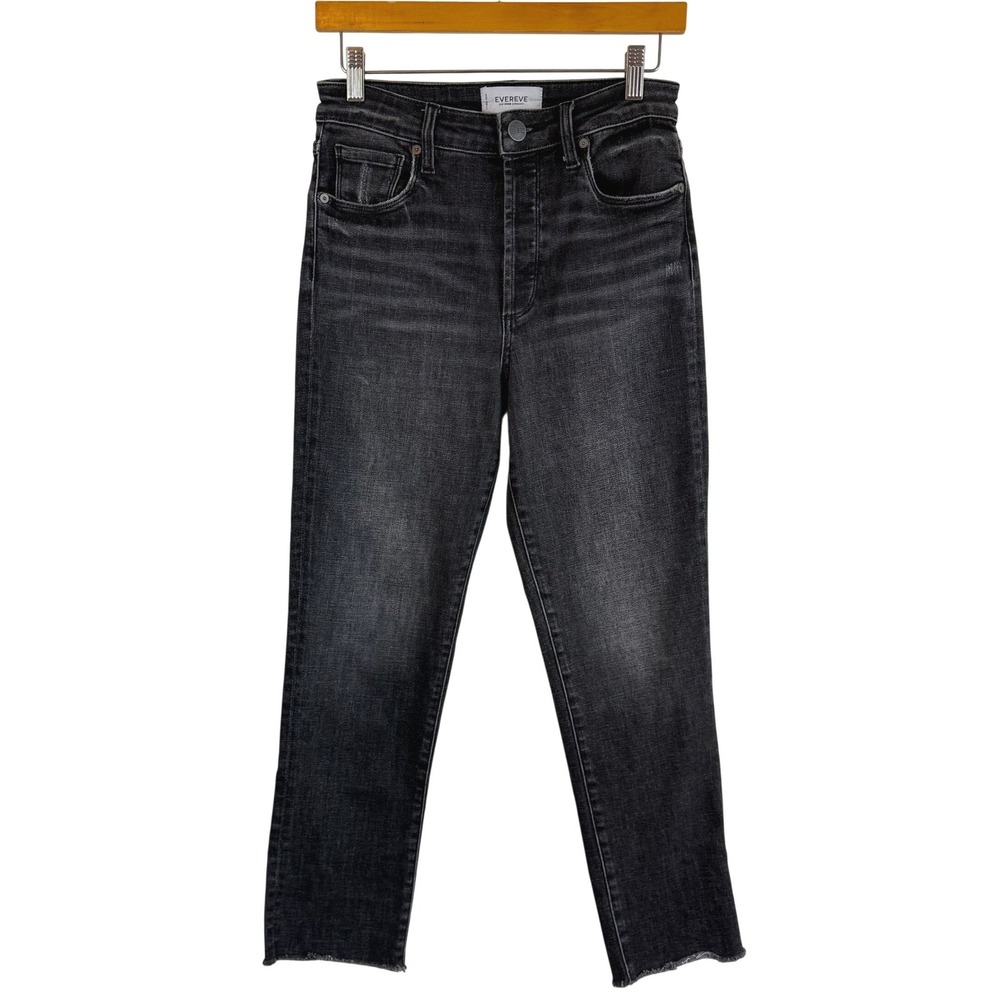 Evereve The Ever Straight Jeans Black High Rise Raw Hem Stretch Denim Grunge 26